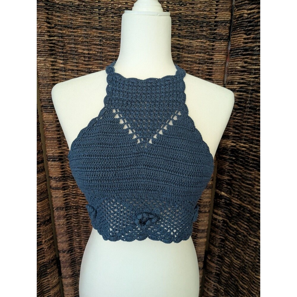 Y2K Crochet Halter Crop Top Women's Small Blue 3D Roses Semi Sheer Festival Boho